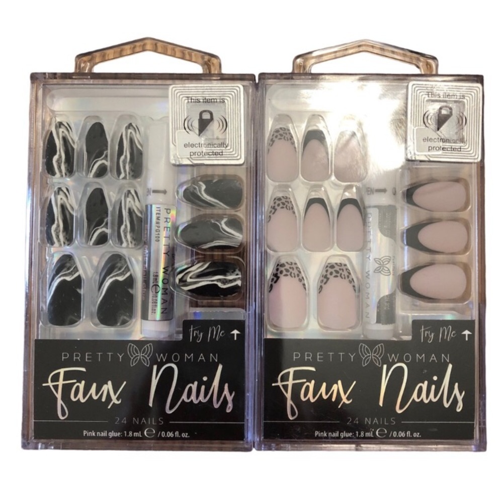 NWT Pretty Woman Faux Nails Pack of 24 (2 sets Black Marble French Black Leopard